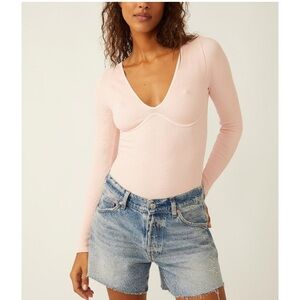 Free People Pink V-Neck Long Sleeve Bodysuit Size M/L